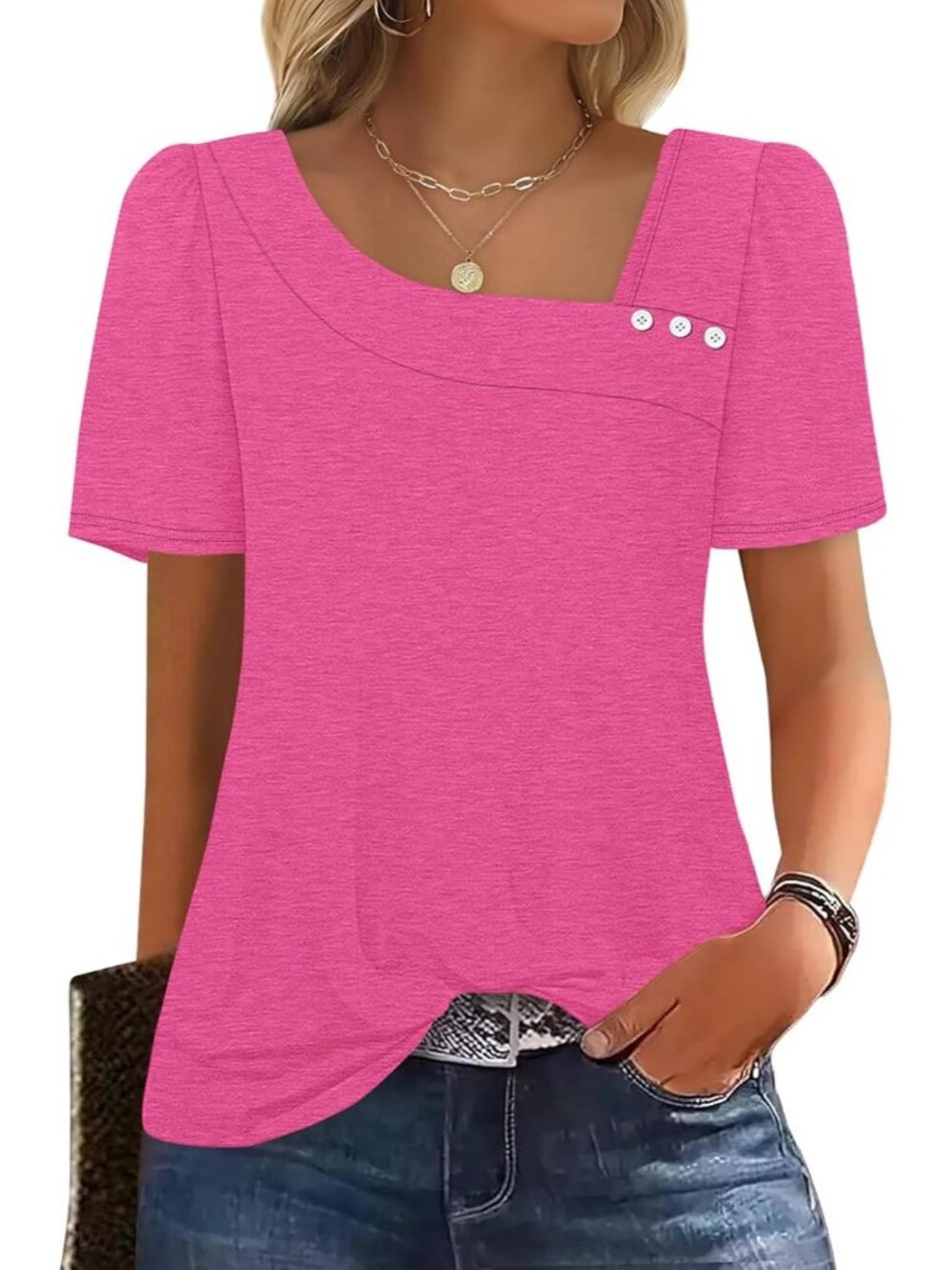 Women's Hot Pink Square Neck Blouse Summer Casual Short Sleeve Outfit Spring Top